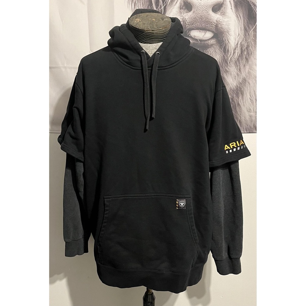 Ariat Rebar Hoodie Mens XL Tall Black Gray Workwear Layered Look Kangaroo Pocket